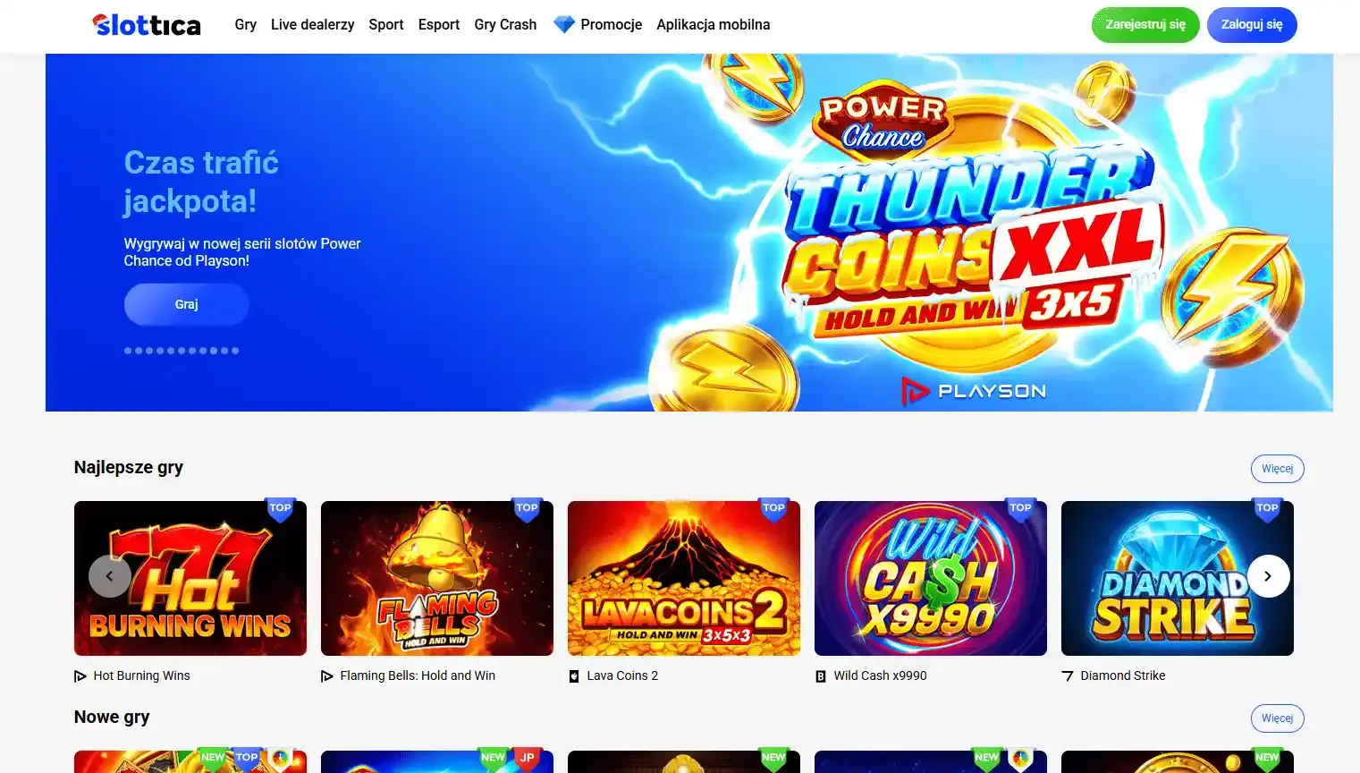 Zrzut ekranu strony głównej Slottica Casino